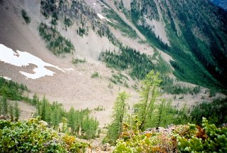 Trail continues to climb, looking down into a valley, Frosty Mountain 2001-07.